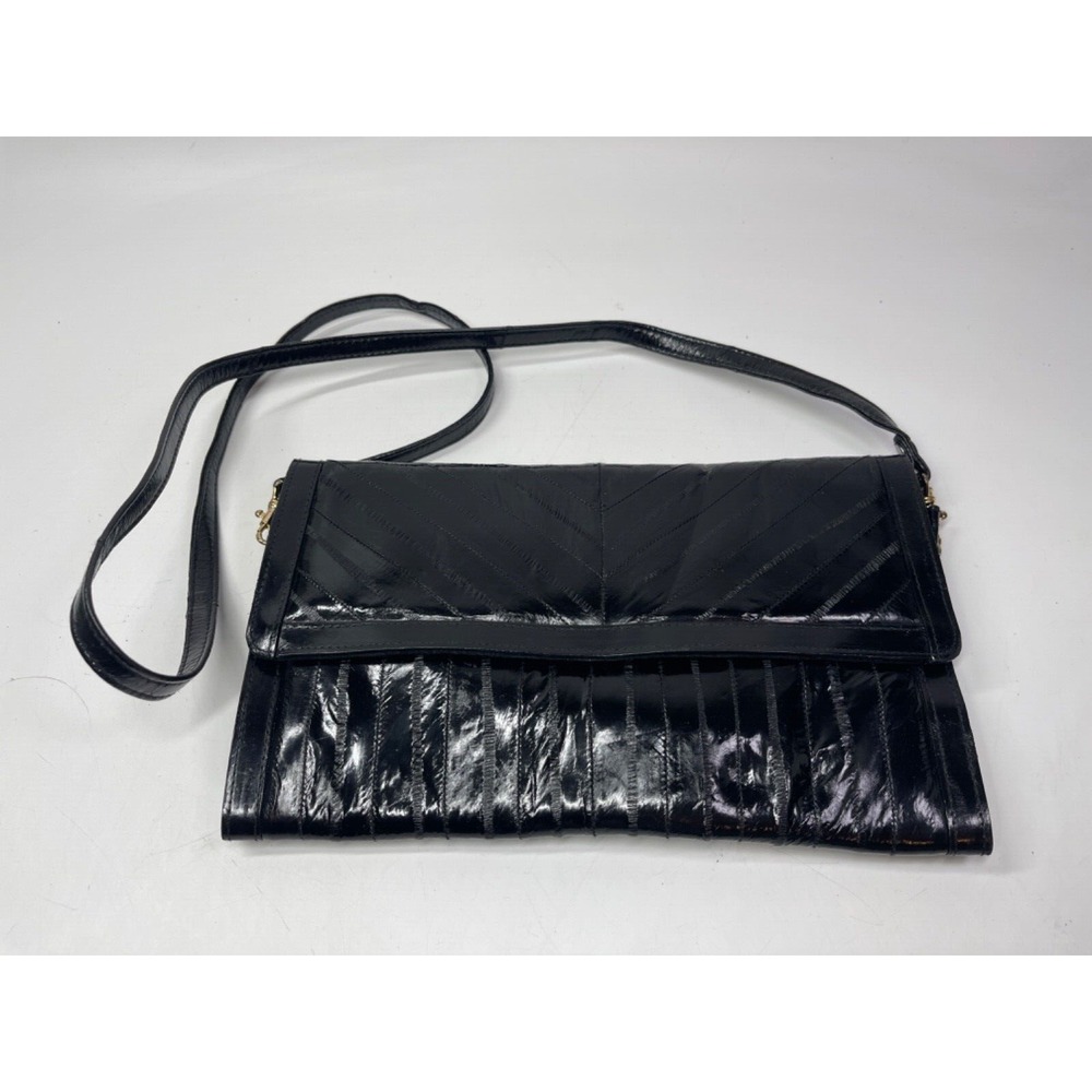 BLACK GENUINE EEL SKIN CLUTCH PURSE CROSSBODY WALLET with DETACHABLE STRAP